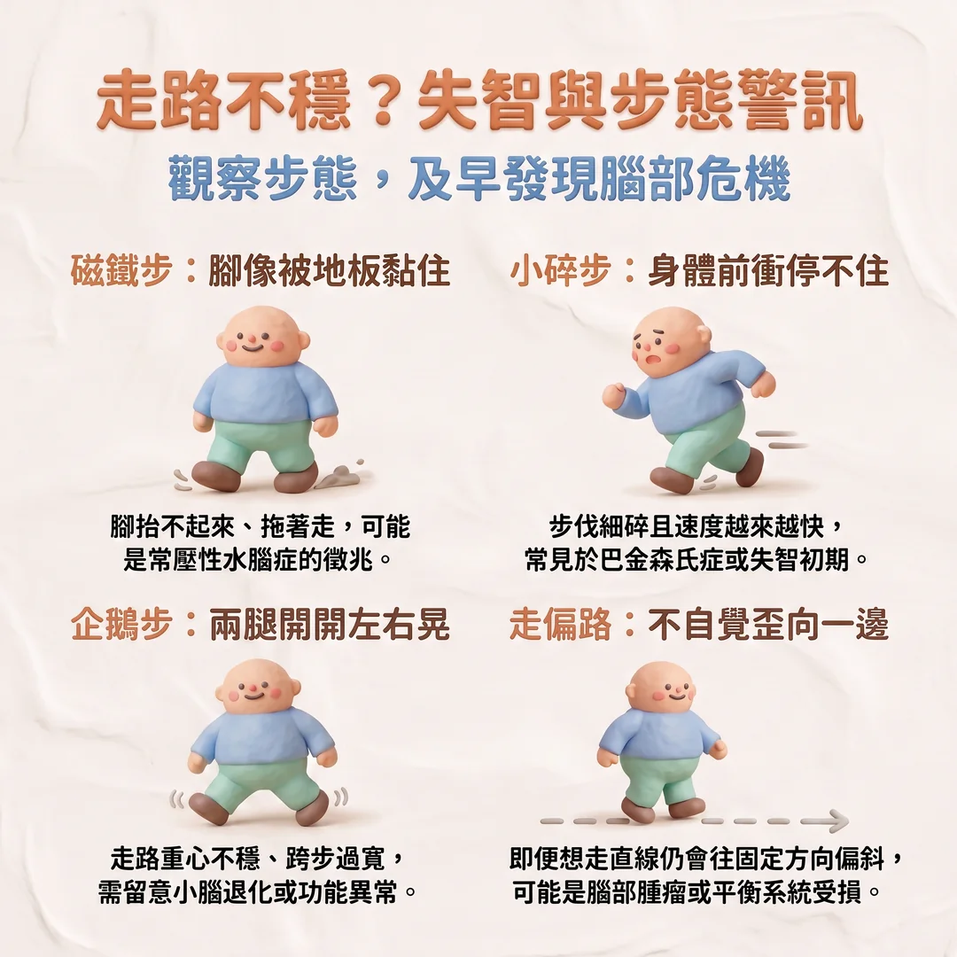 失智與異常步態警訊(圖/AI生成製圖)