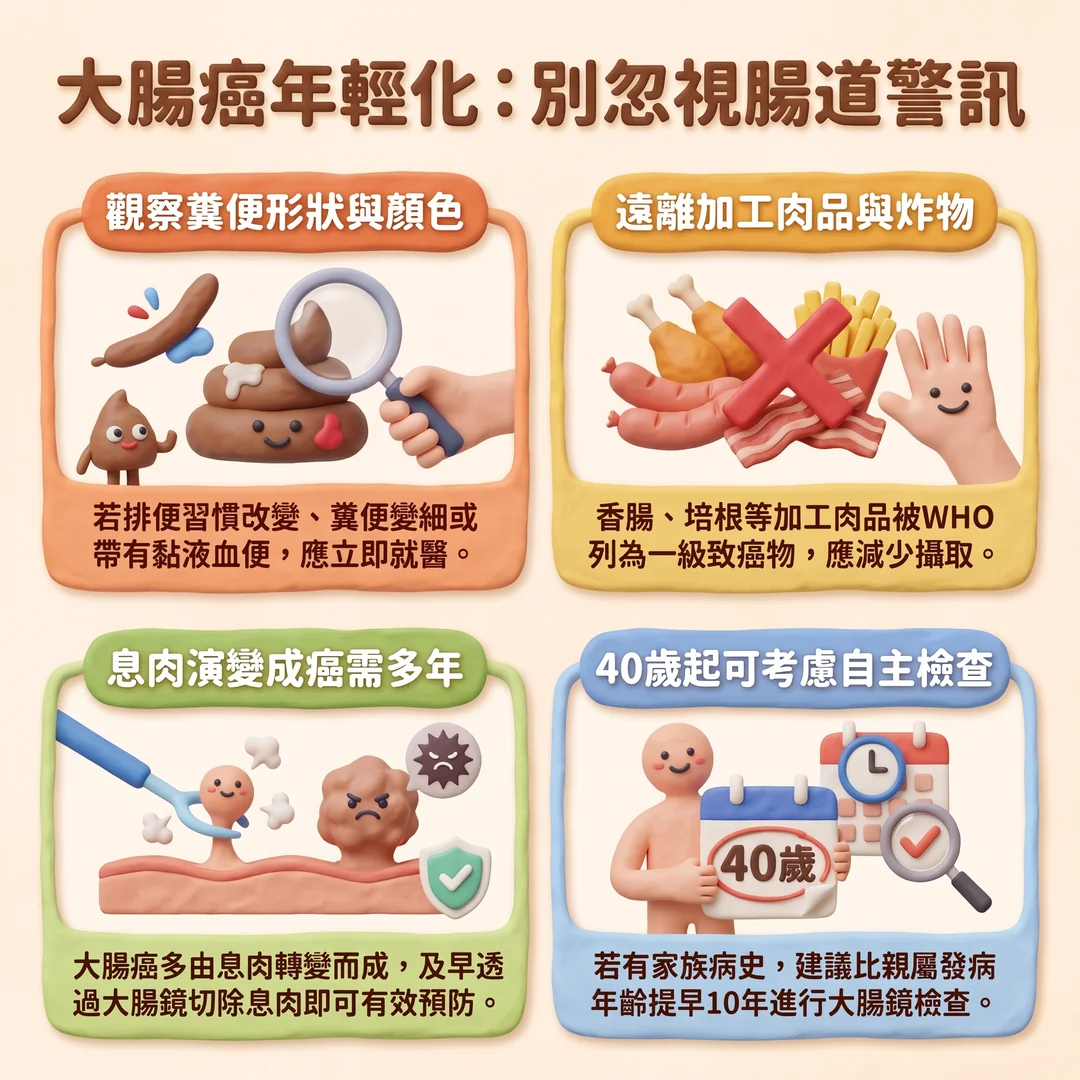 大腸癌預防與警訊指南(圖/AI生成製圖)