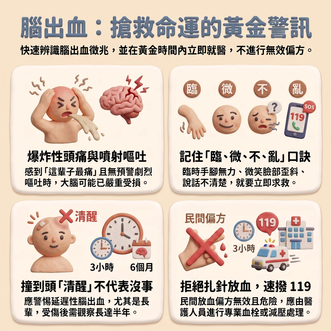 腦出血急救黃金警訊(圖/AI生成製圖)