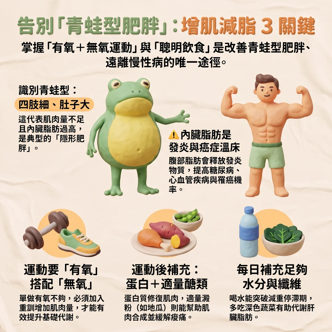 改善青蛙型肥胖三關鍵（圖／AI生成製圖）