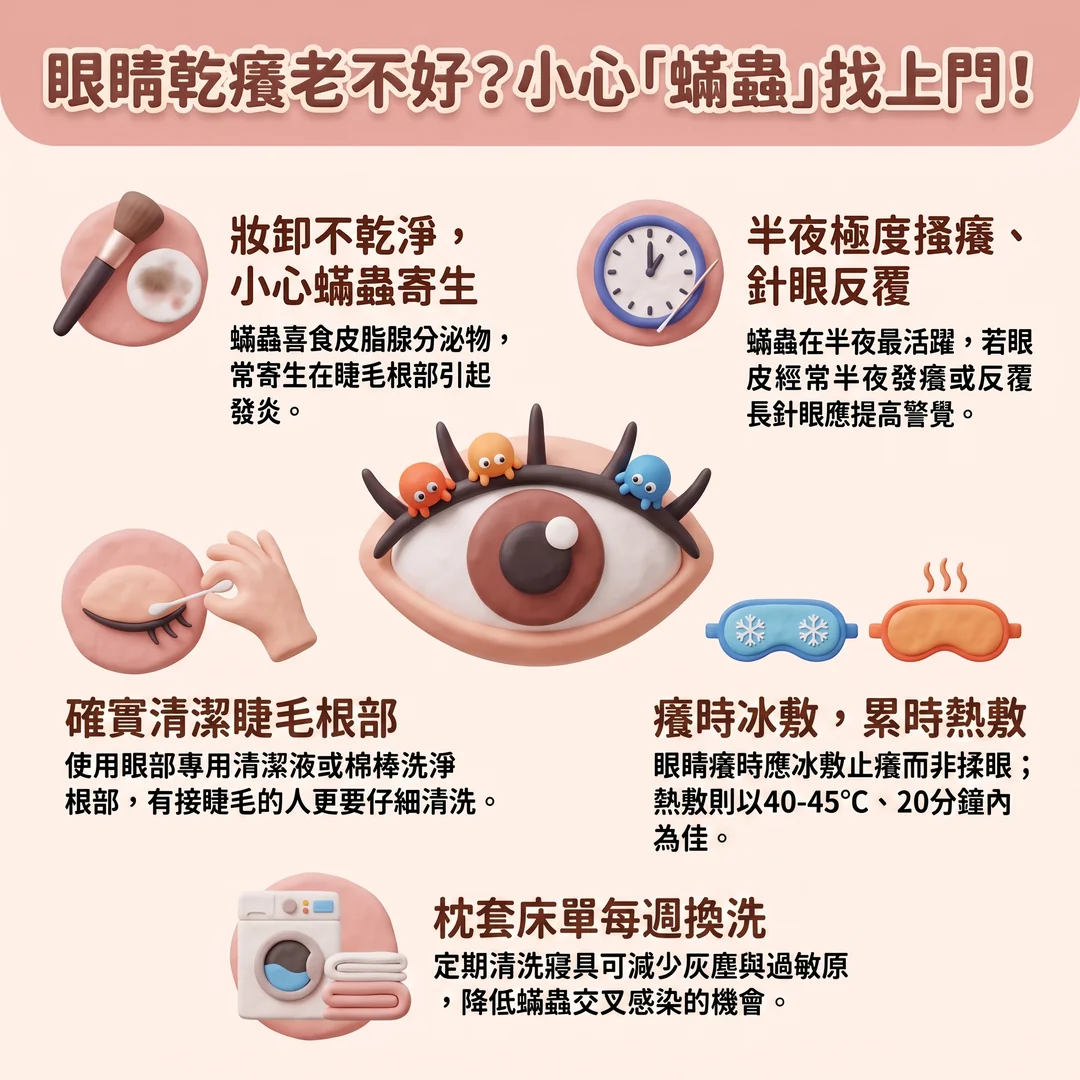 預防眼部蟎蟲衛教指南(圖/AI生成製圖)