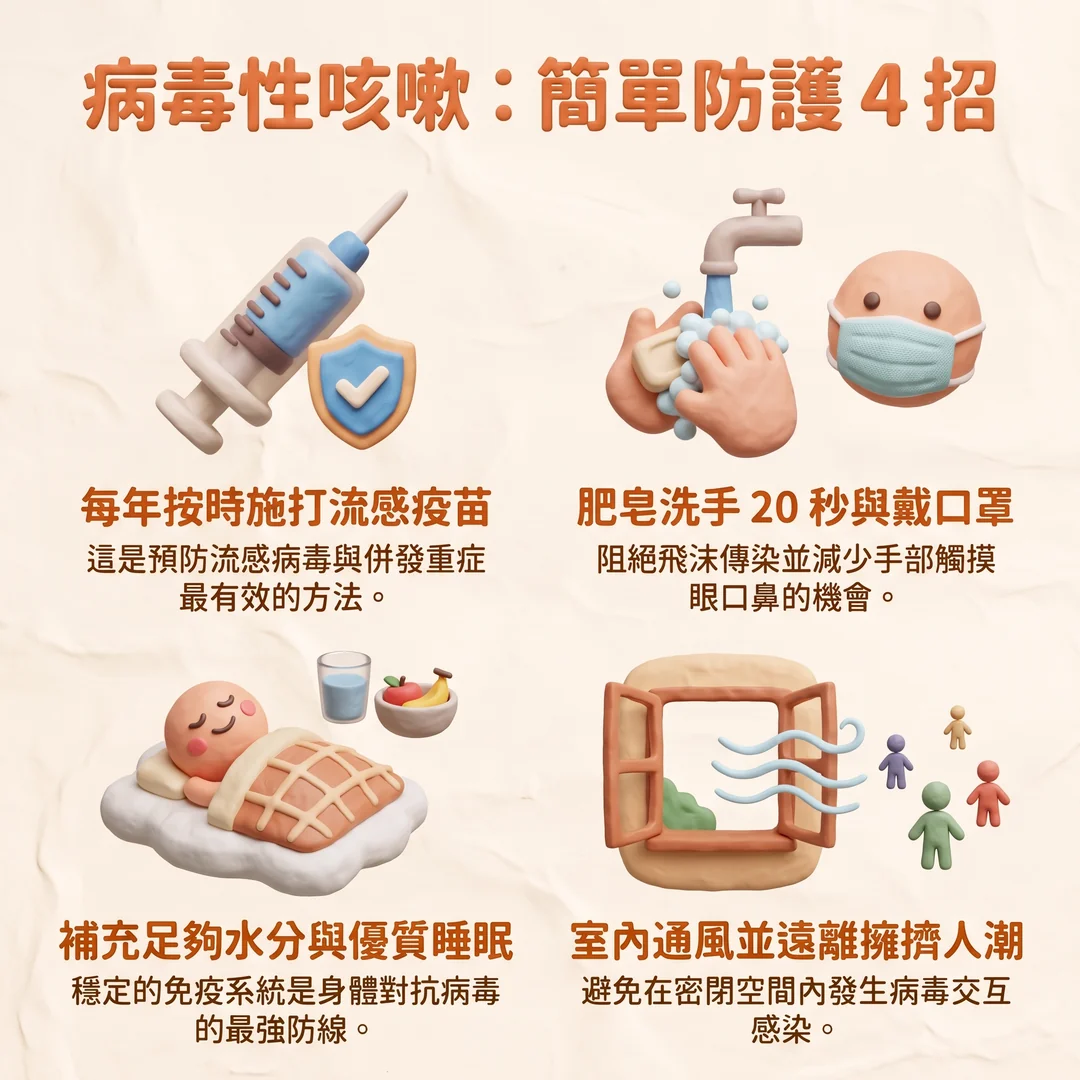 病毒性咳嗽防護四招(圖/AI生成製圖)