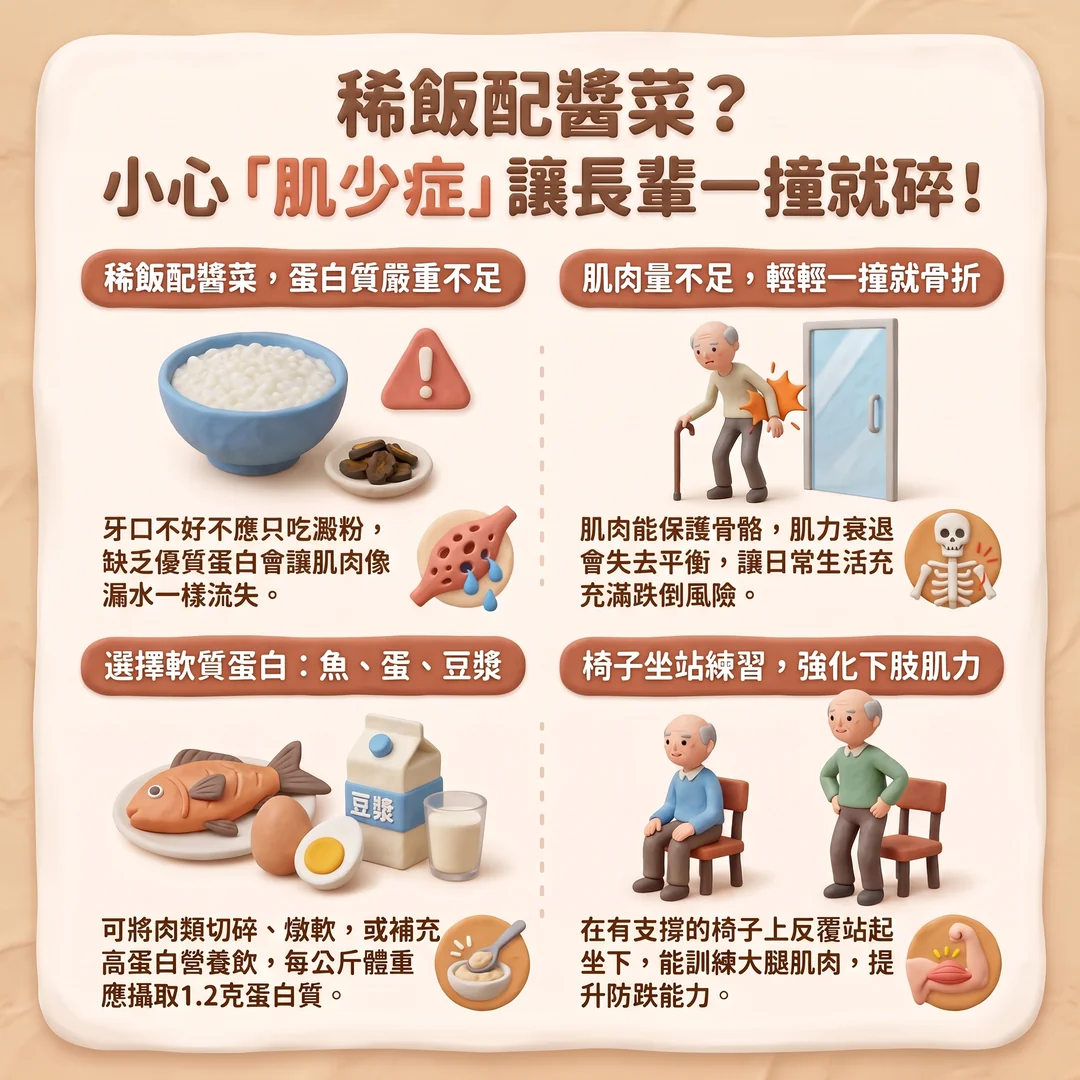 稀飯配醬瓜吃出肌少症?70歲阿嬤輕輕一撞竟骨折!(圖/AI生成製圖)