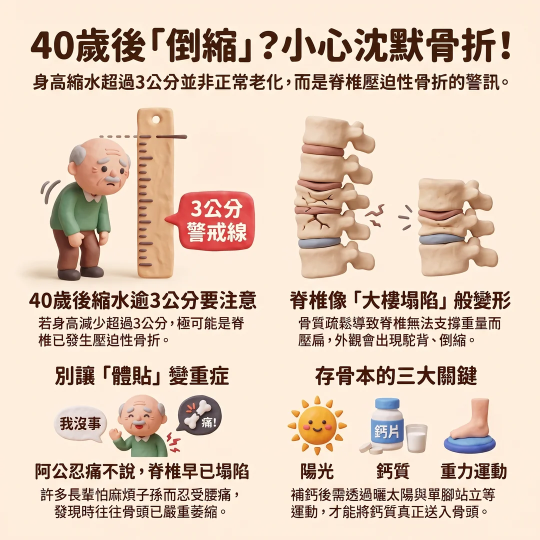 40歲後身高縮水超過3公分嗎？小心脊椎沈默骨折正在發生中（圖／AI生成製圖）