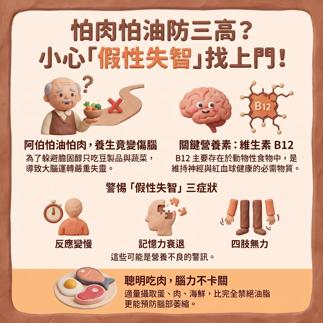 不吃肉不碰油防三高？小心吃出「假性失智」！醫曝關鍵營養素缺乏危機（圖／AI生成製圖）