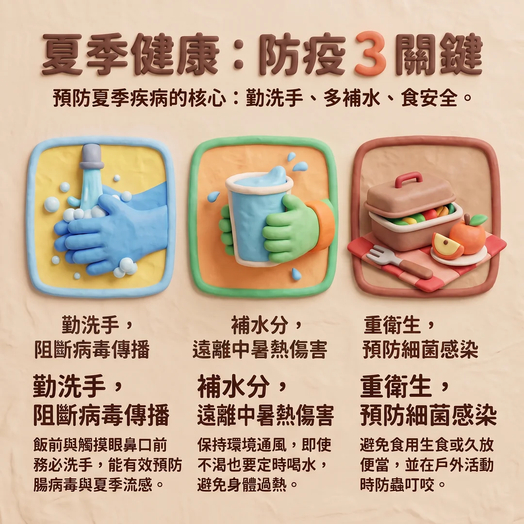 夏季健康防疫三關鍵(圖/AI生成製圖)