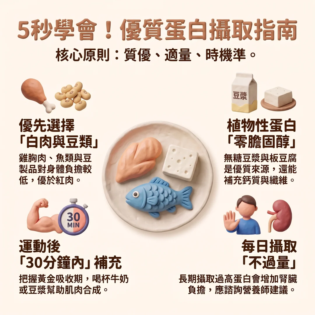 優質蛋白攝取<a href='/search/tags/指南/' target='_blank'>指南</a>（圖／AI生成製圖）