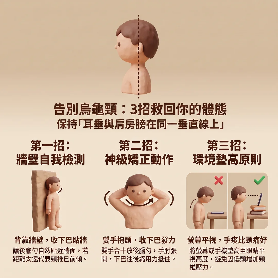 告別烏龜頸的三招建議(圖/AI生成製圖)