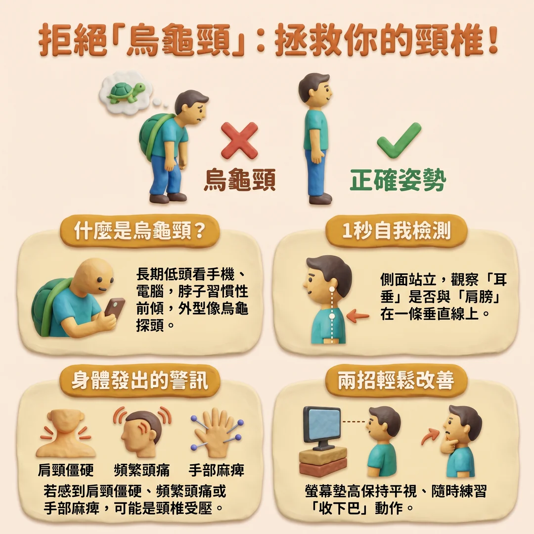 拒絕烏龜頸拯救你的頸椎（圖／AI生成製圖）