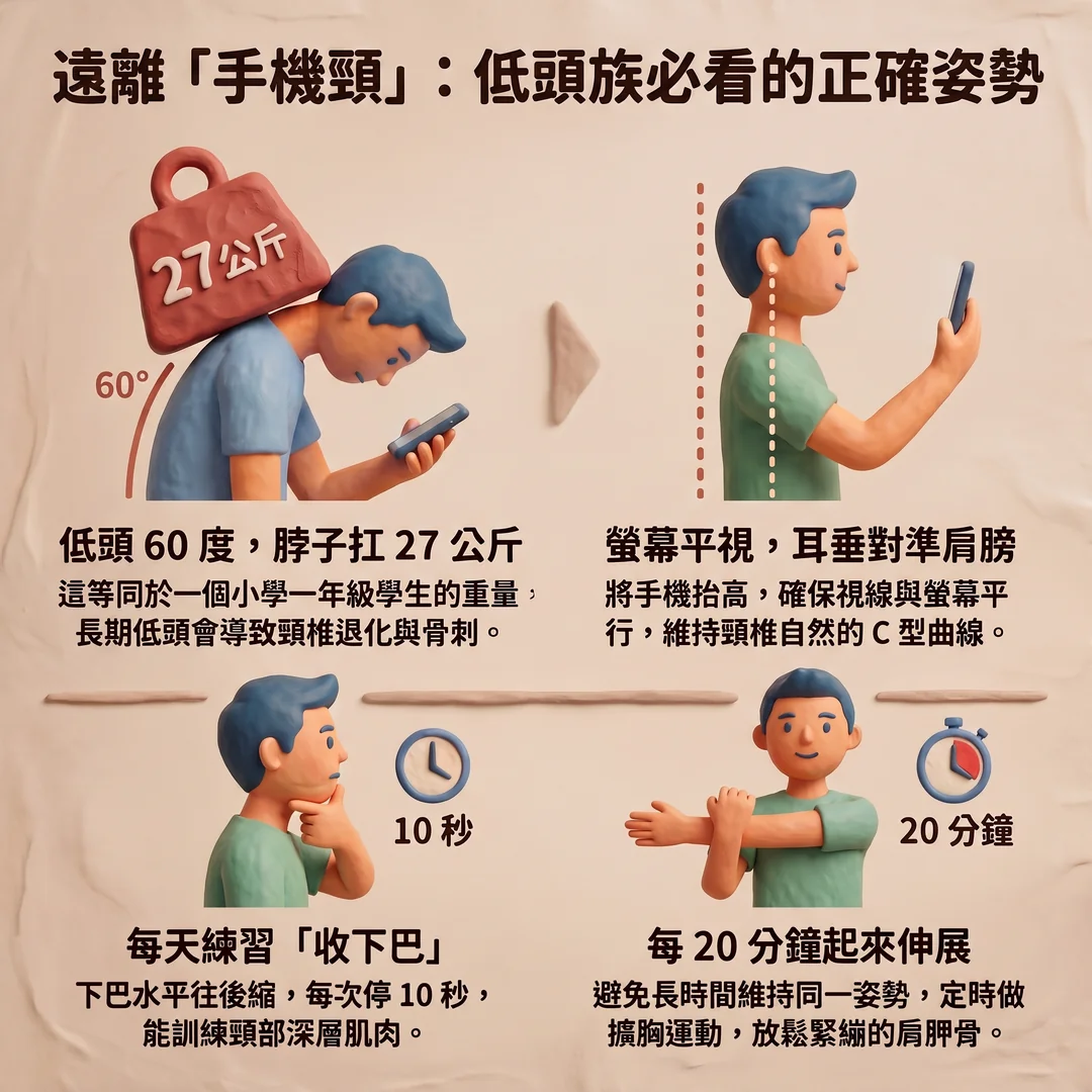 遠離手機頸正確姿勢（圖／AI生成製圖）