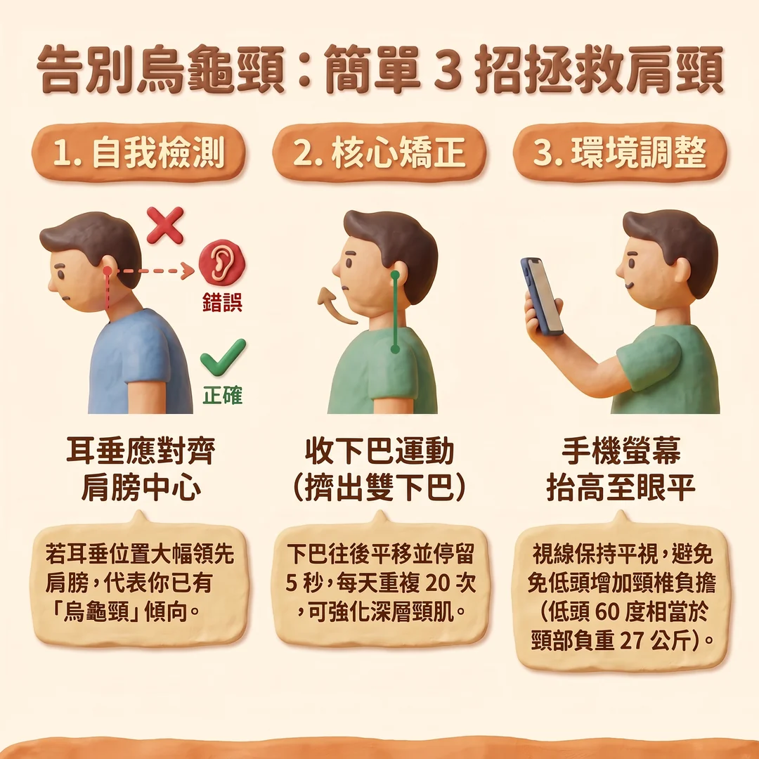 告別烏龜頸簡單三招(圖/AI生成製圖)