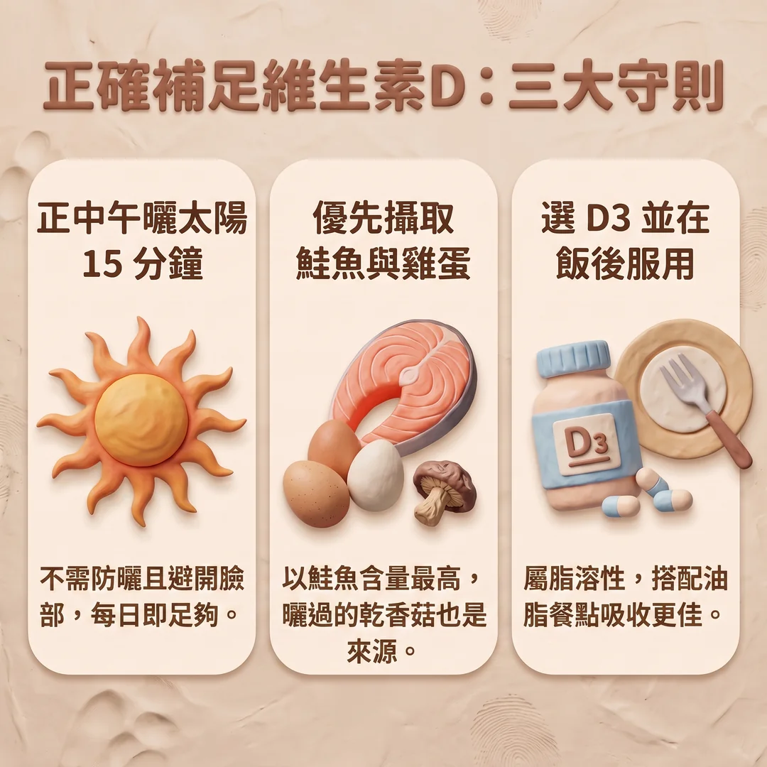 維生素D補充三大守則（圖／AI生成製圖）