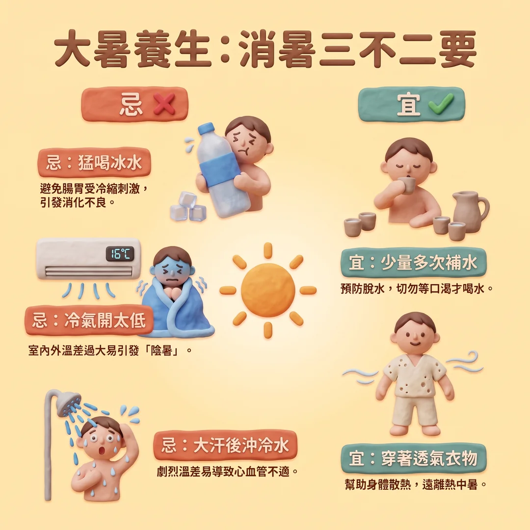大暑<a href='/search/tags/養生/' target='_blank'>養生</a>：消暑三不二要（圖／AI生成製圖）