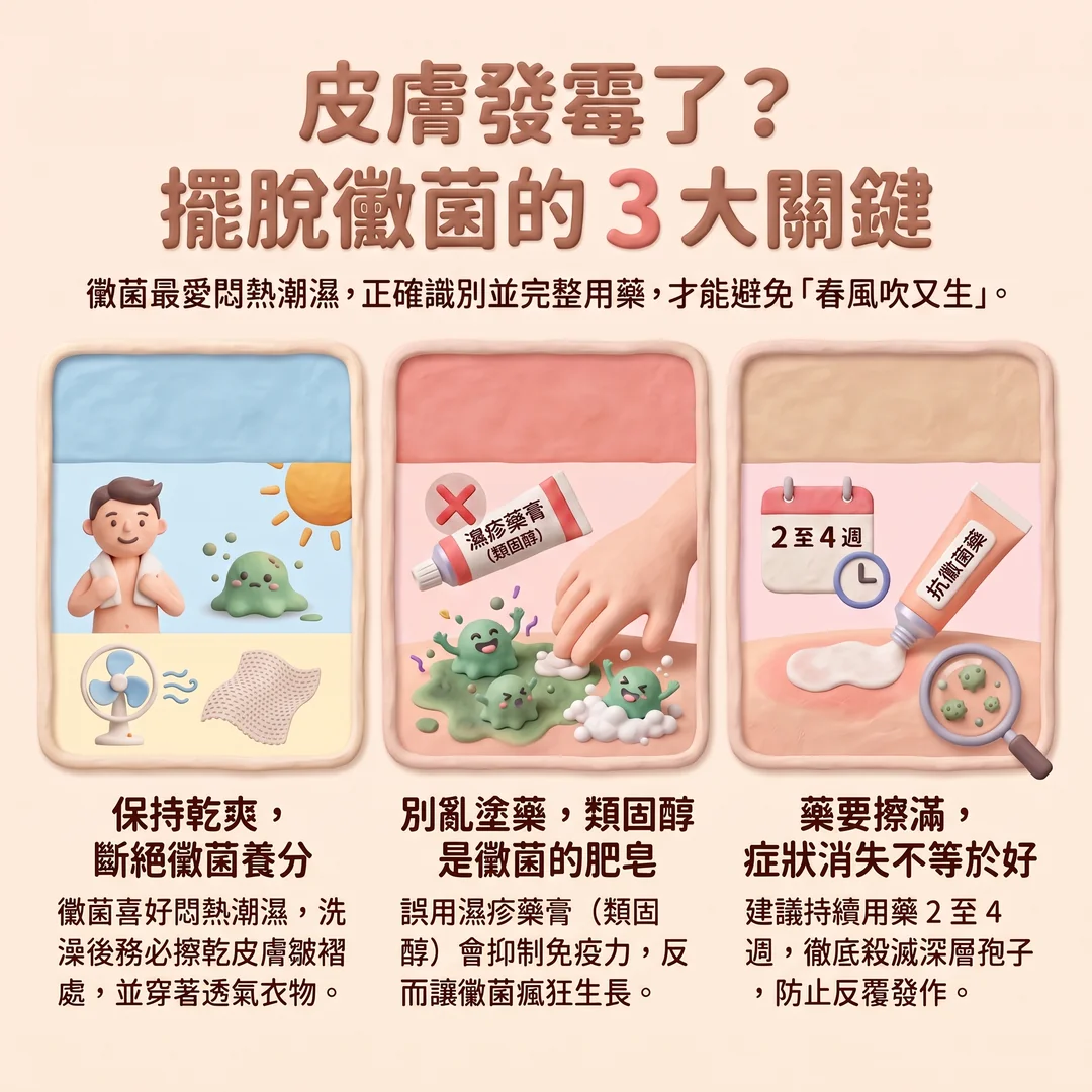 擺脫皮膚黴菌三大關鍵（圖／AI生成製圖）