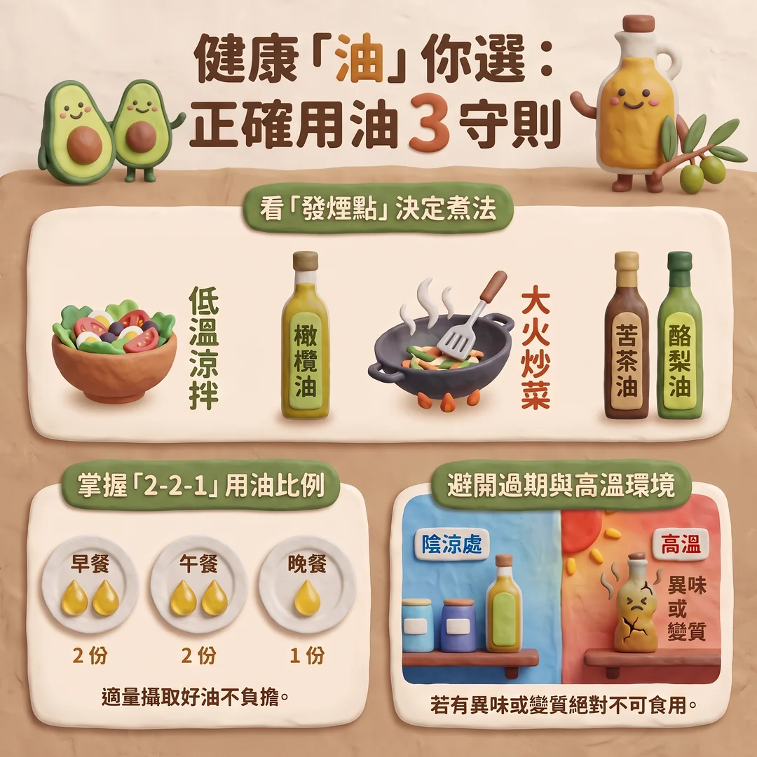 健康正確用油三大守則（圖／AI生成製圖）