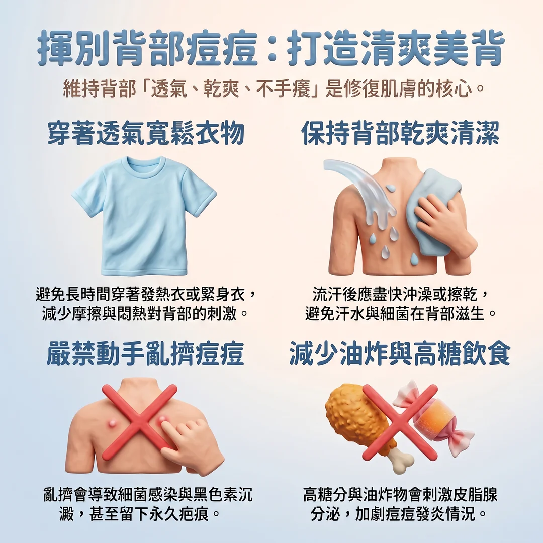 揮別<a href='/search/tags/背部痘痘/' target='_blank'>背部痘痘</a>保養指南(圖/AI生成製圖)