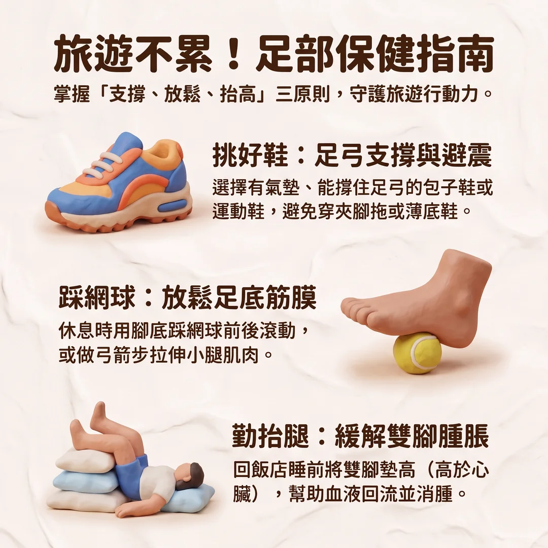 旅遊不累！足部保健指南（圖／AI生成製圖）