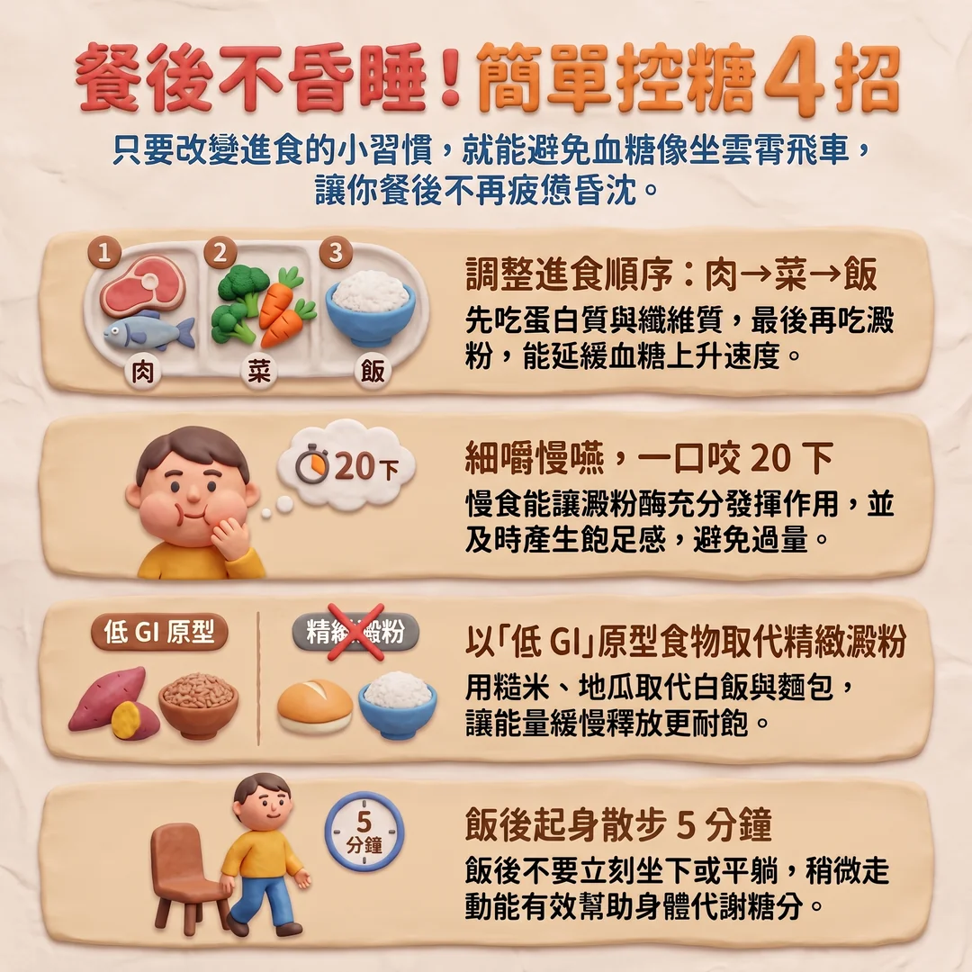 餐後不昏睡簡單控糖四招(圖/AI生成製圖)