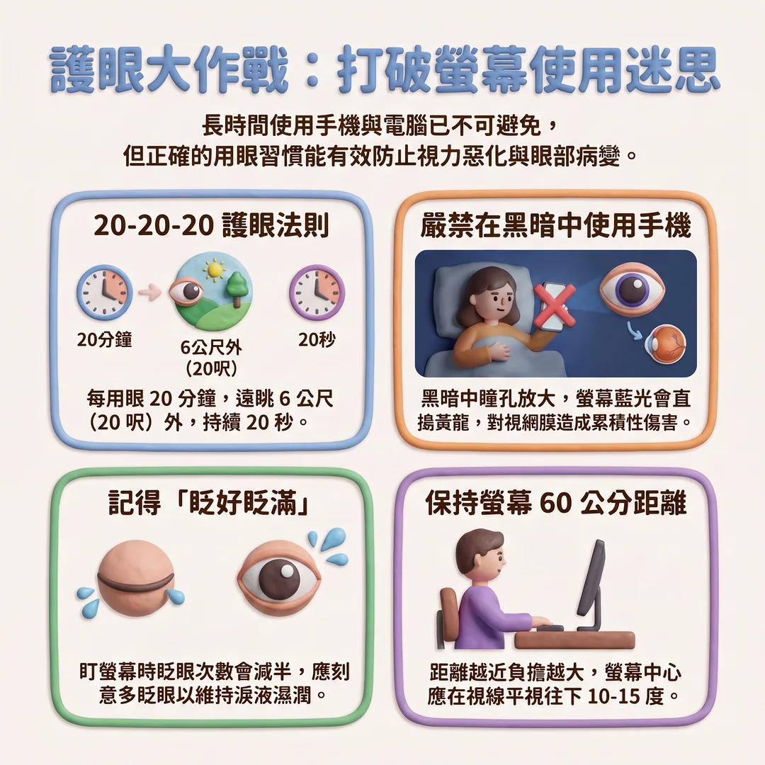 護眼大作戰：打破螢幕迷思（圖／AI生成製圖）