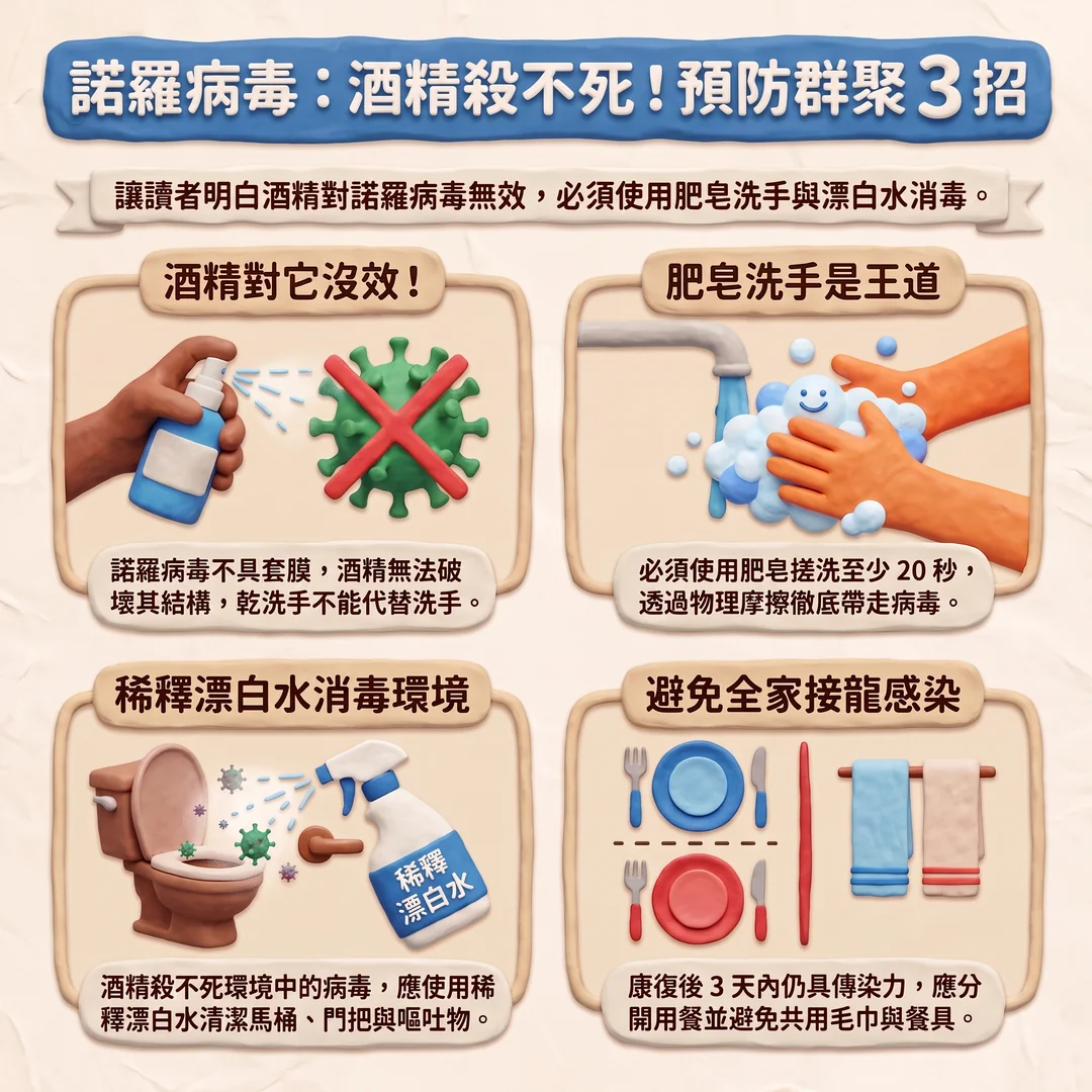 諾羅病毒預防衛教指南（圖／AI生成製圖）