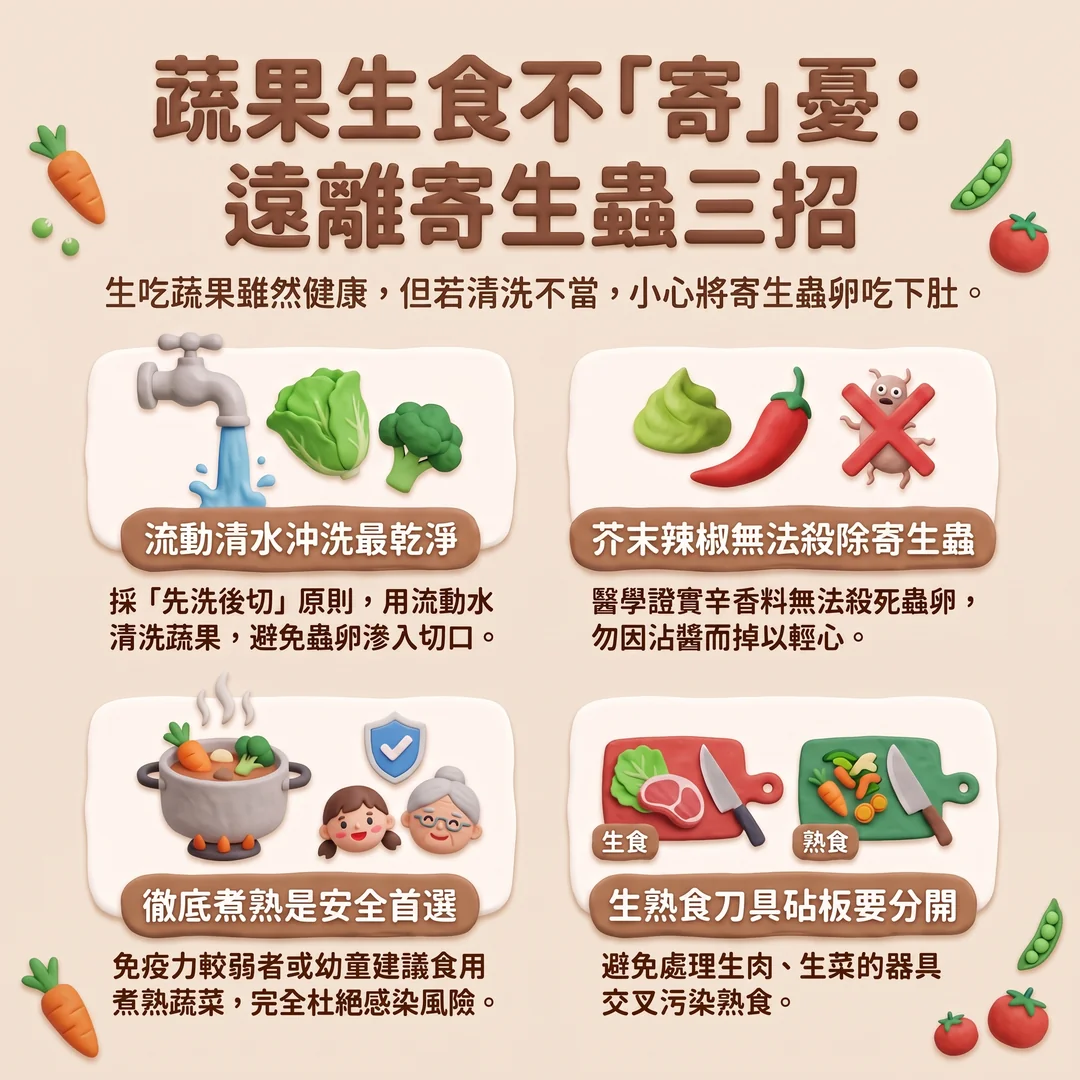 蔬果生食遠離寄生蟲指南（圖／AI生成製圖）