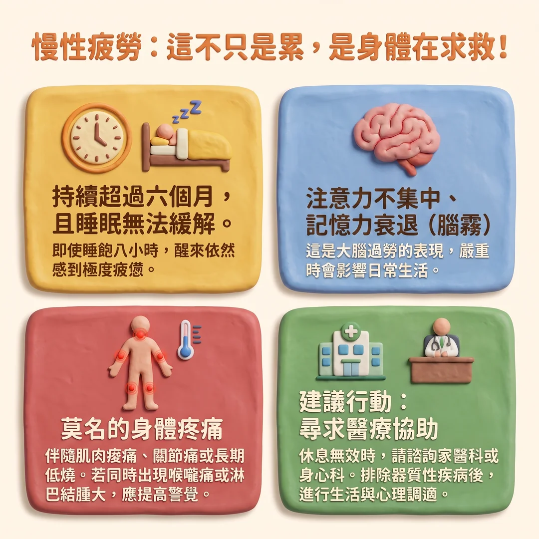 慢性疲勞警訊與建議（圖／AI生成製圖）