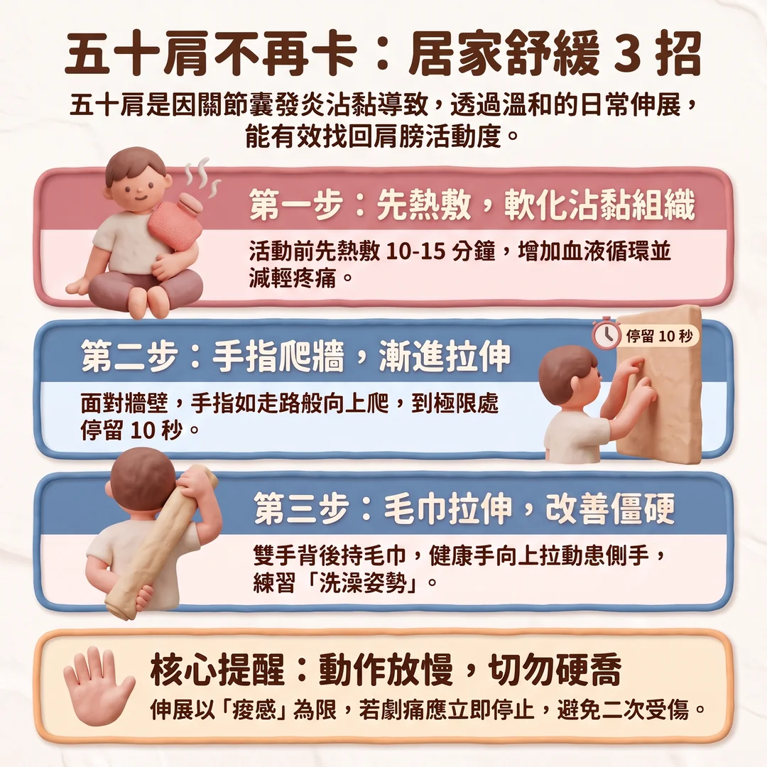 五十肩居家舒緩三招(圖/AI生成製圖)