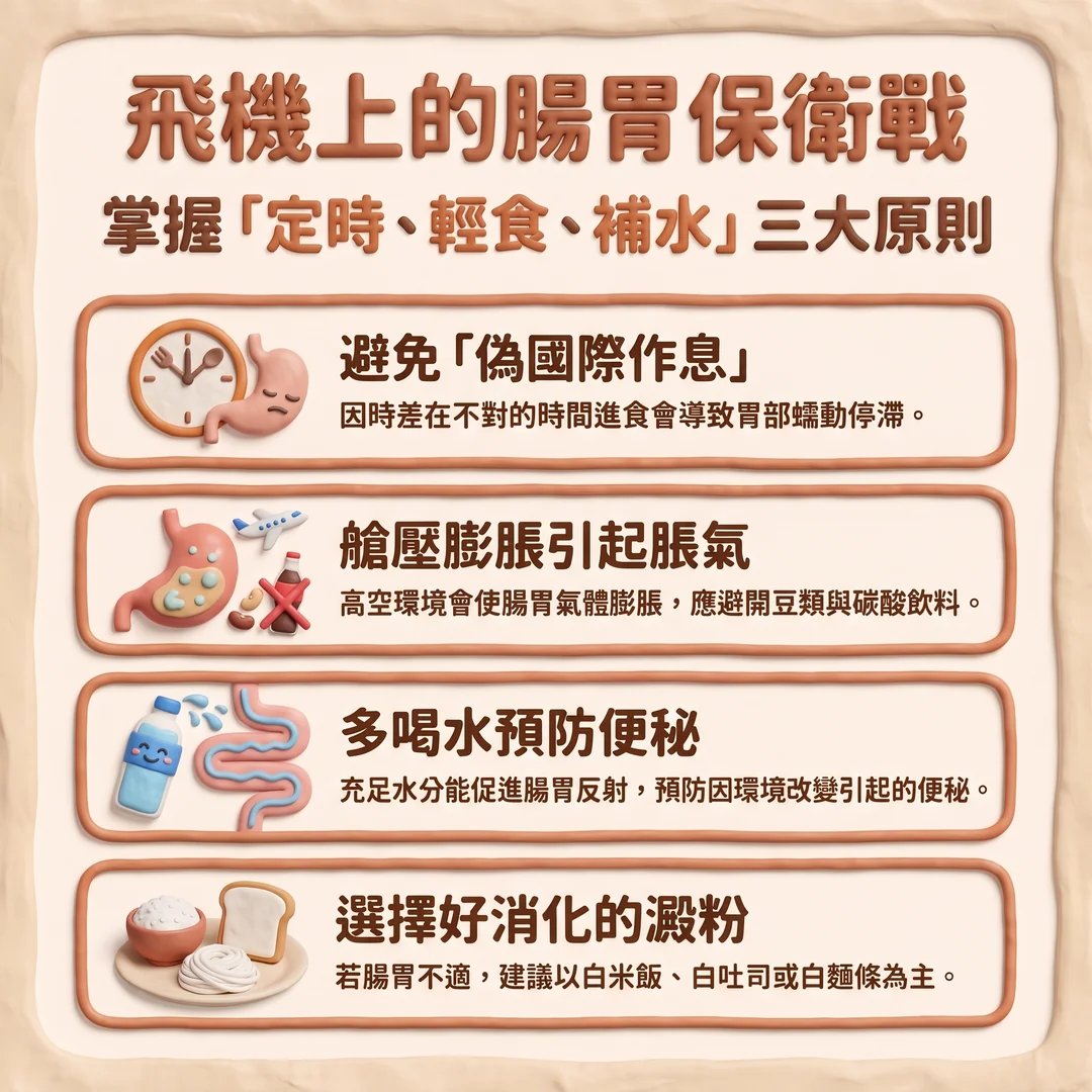 飛機上的腸胃保健指南（圖／AI生成製圖）