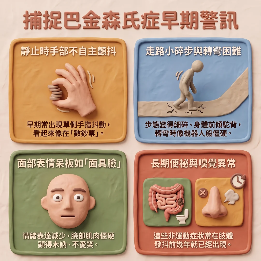 巴金森氏症早期警訊圖解（圖／AI生成製圖）