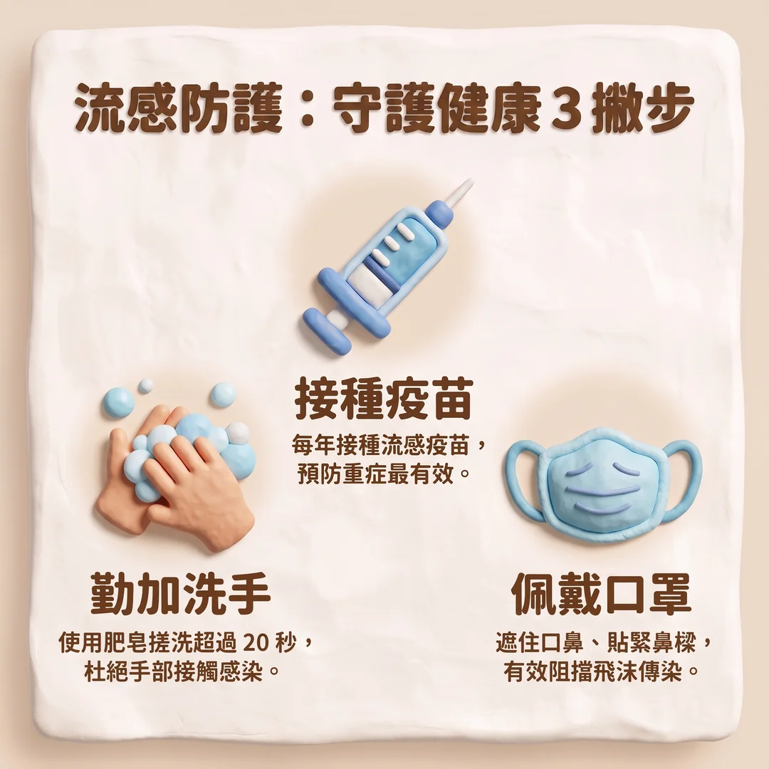 流感預防三撇步(圖/AI生成製圖)
