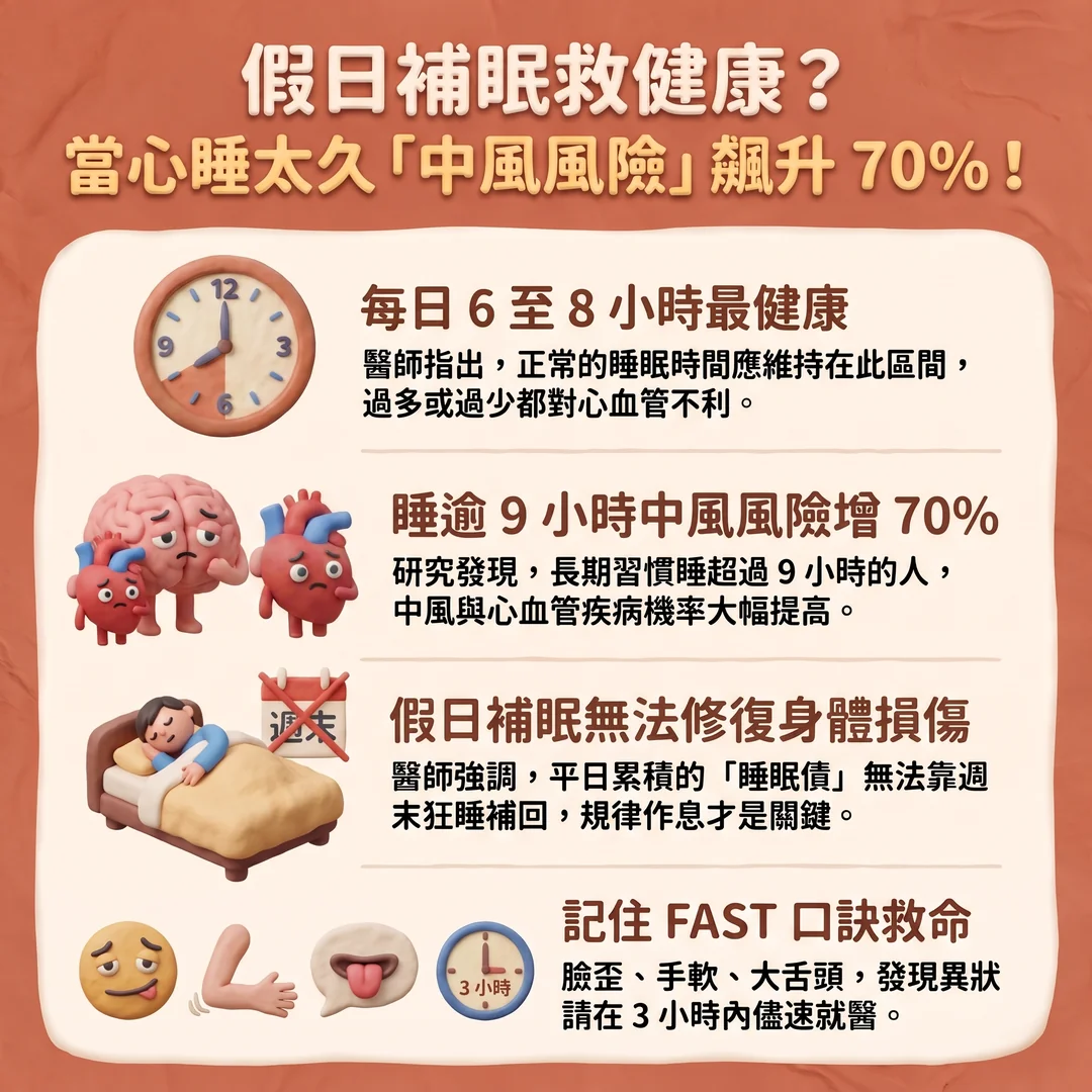 睡眠時間與<a href='/search/tags/中風風險/' target='_blank'>中風風險</a>指南(圖/AI生成製圖)