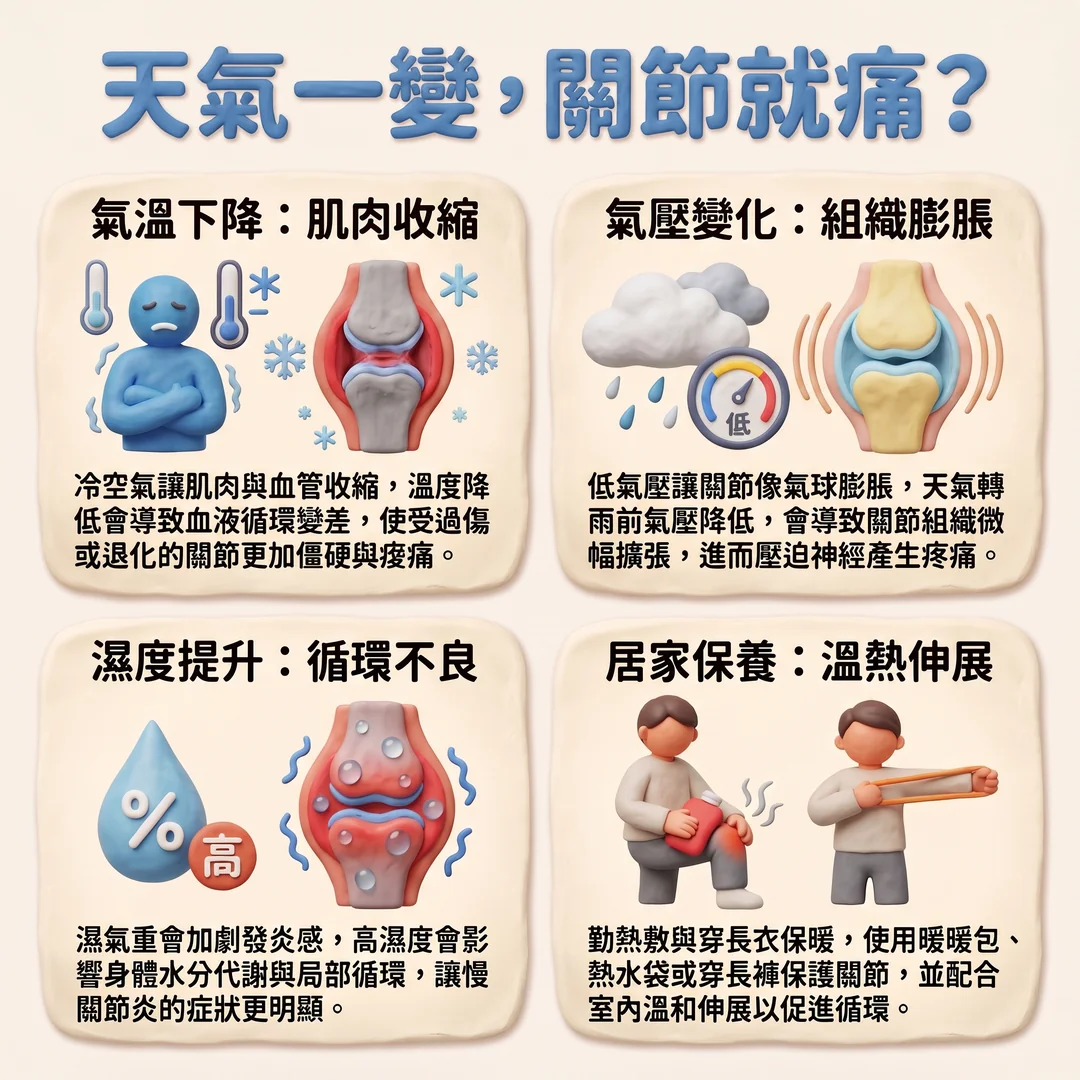 天氣變化與關節疼痛說明(圖/AI生成製圖)