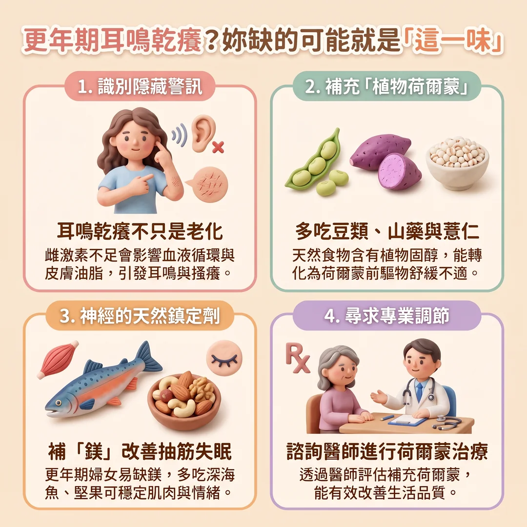 更年期耳鳴乾癢舒緩建議(圖/AI生成製圖)