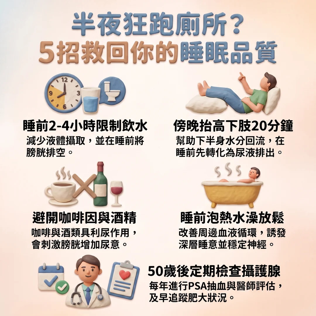 半夜<a href='/search/tags/頻尿/' target='_blank'>頻尿</a>改善五招（圖／AI生成製圖）