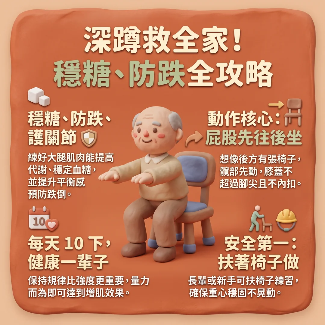 長輩深蹲<a href='/search/tags/穩糖防跌/' target='_blank'>穩糖防跌</a>攻略(圖/AI生成製圖)