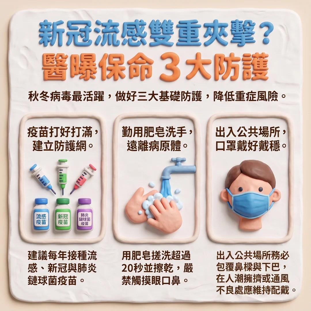 新冠流感三大防護指南（圖／AI生成製圖）