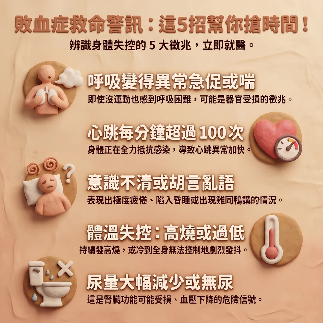 敗血症五大救命警訊（圖／AI生成製圖）