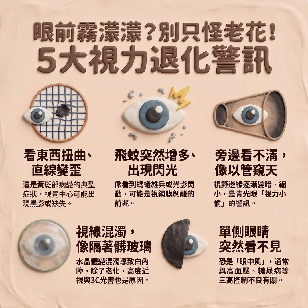 五大視力退化警訊(圖/AI生成製圖)