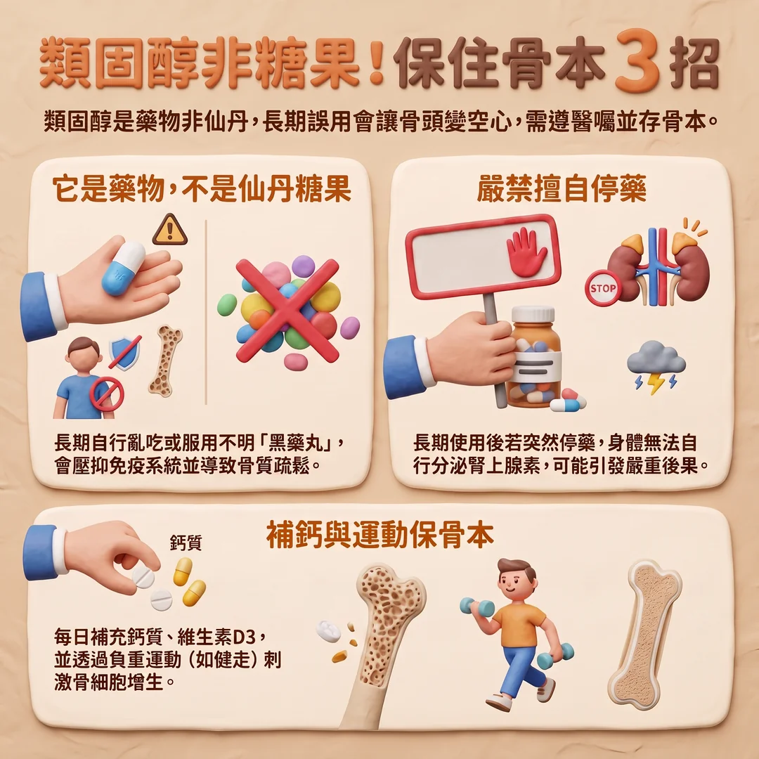 類固醇非糖果保骨三招（圖／AI生成製圖）