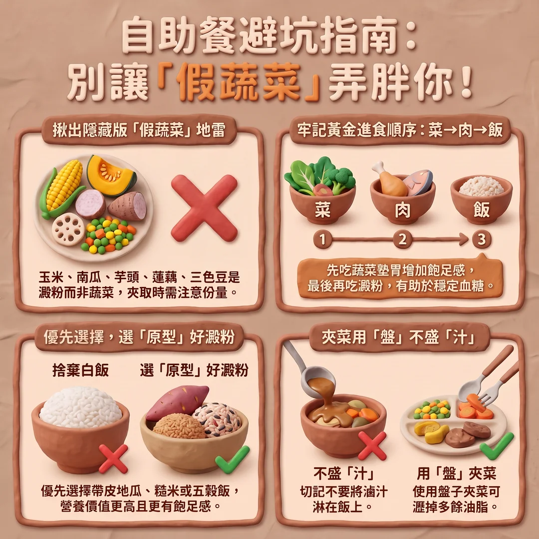 自助餐健康挑選指南（圖／AI生成製圖）