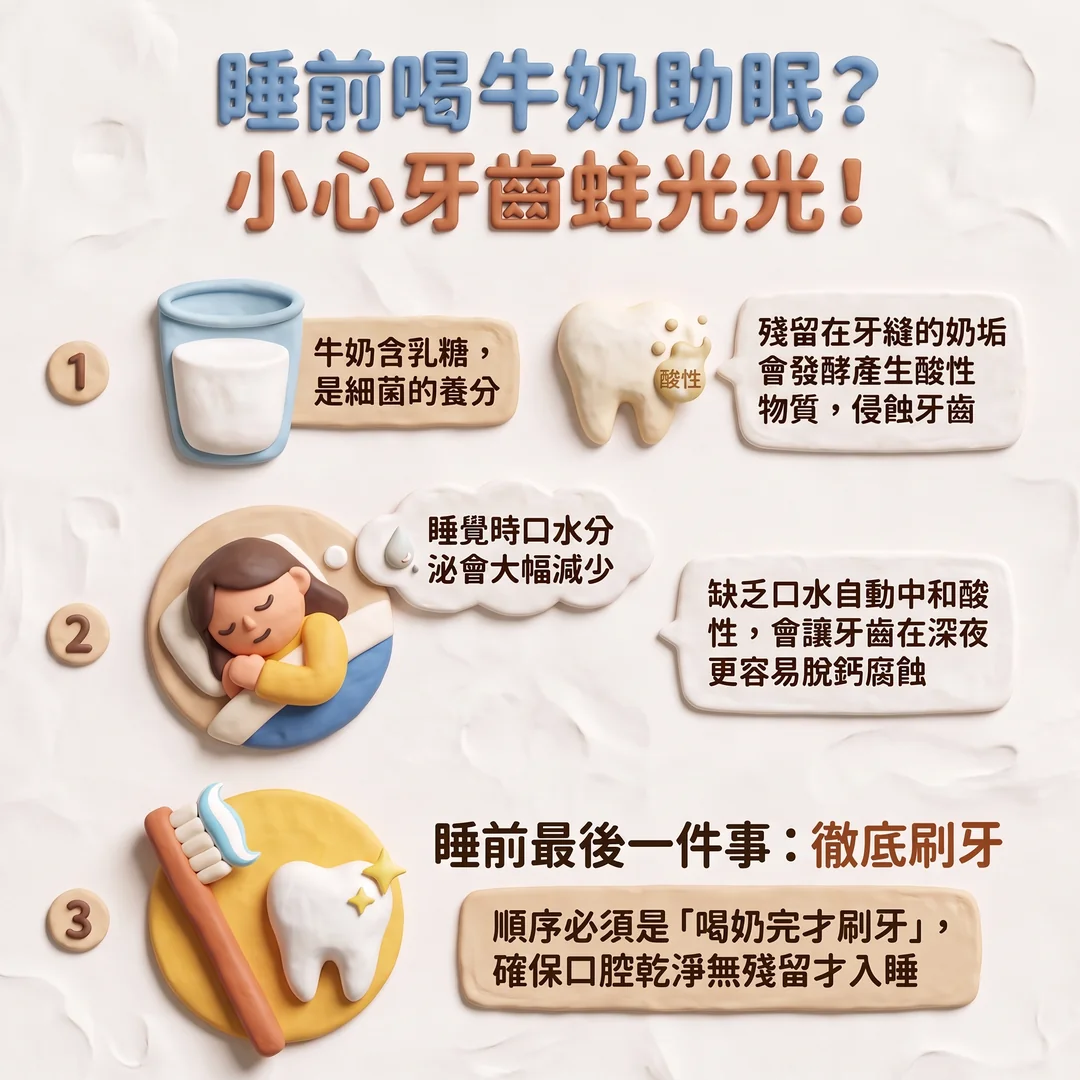 睡前喝牛奶小心蛀牙（圖／AI生成製圖）
