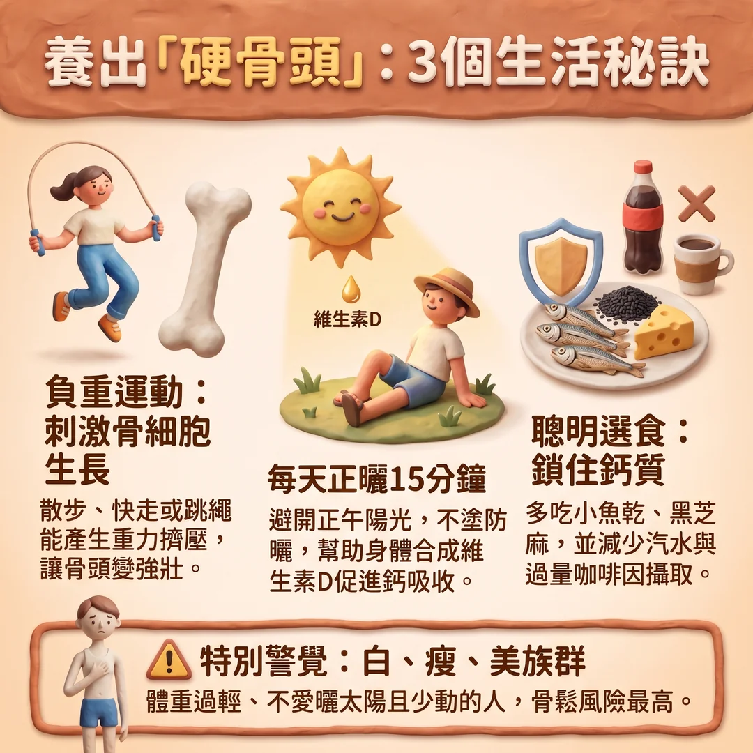 養出強健骨骼三個秘訣（圖／AI生成製圖）