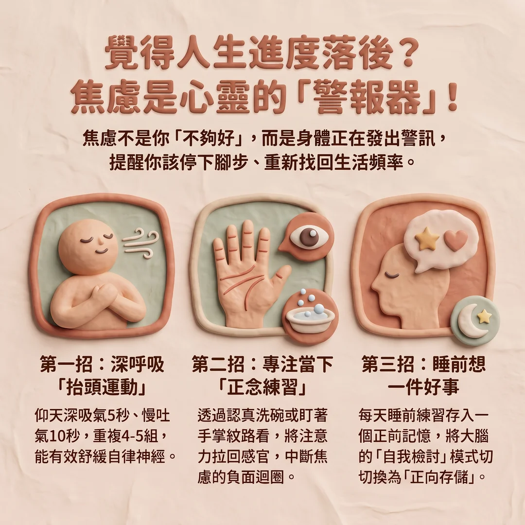緩解焦慮的三個練習（圖／AI生成製圖）