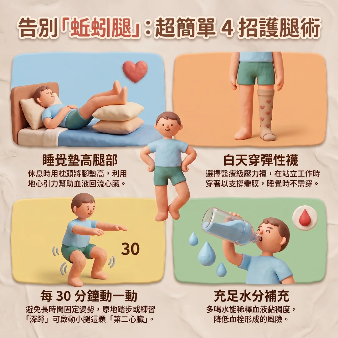 告別蚯蚓腿：四招護腿術（圖／AI生成製圖）