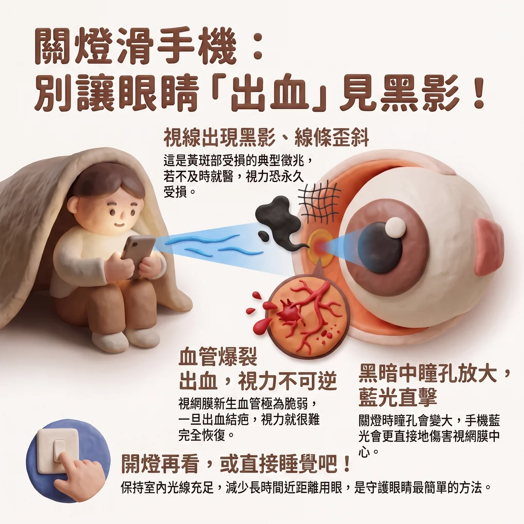 關燈滑手機健康警告(圖/AI生成製圖)