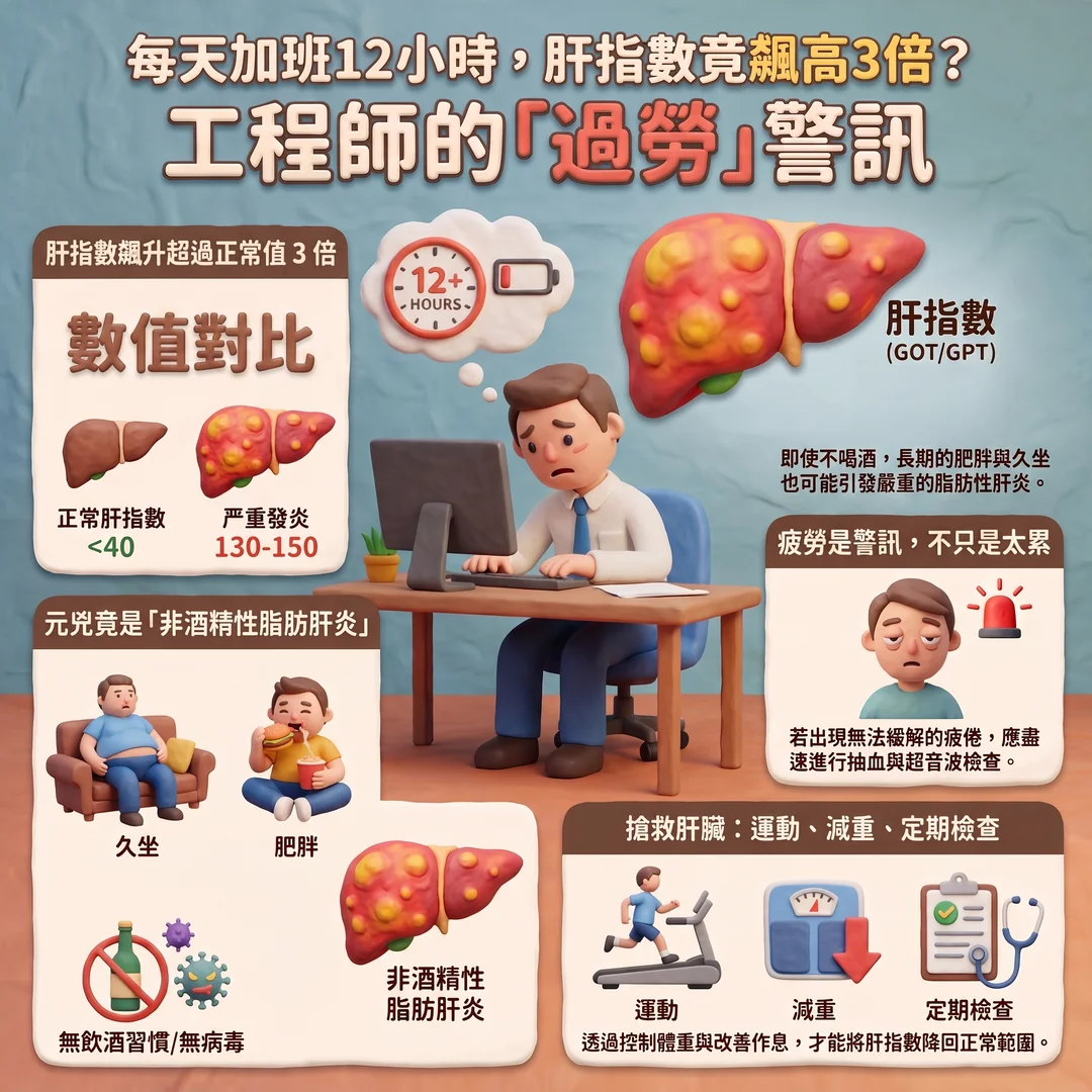 工程師過勞與肝臟警訊(圖/AI生成製圖)