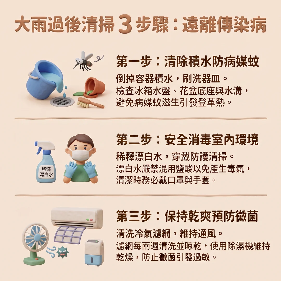 大雨過後清掃三步驟（圖／AI生成製圖）