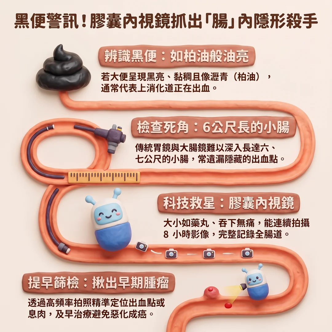 黑便警訊與膠囊內視鏡（圖／AI生成製圖）