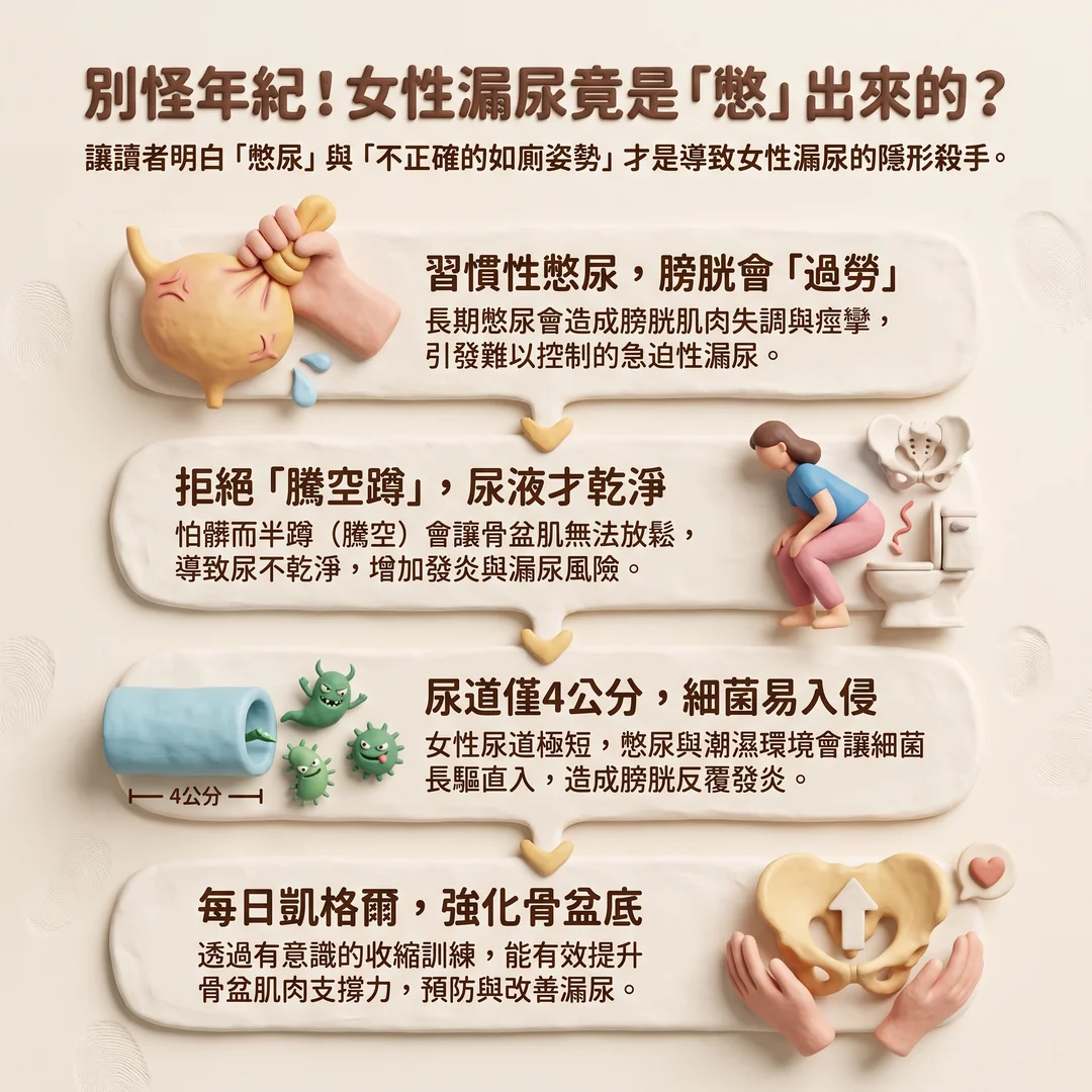 女性漏尿成因與預防(圖/AI生成製圖)