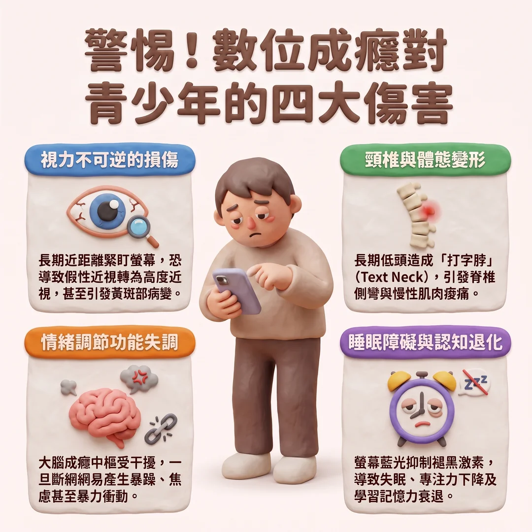 青少年數位成癮四大危害（圖／AI生成製圖）